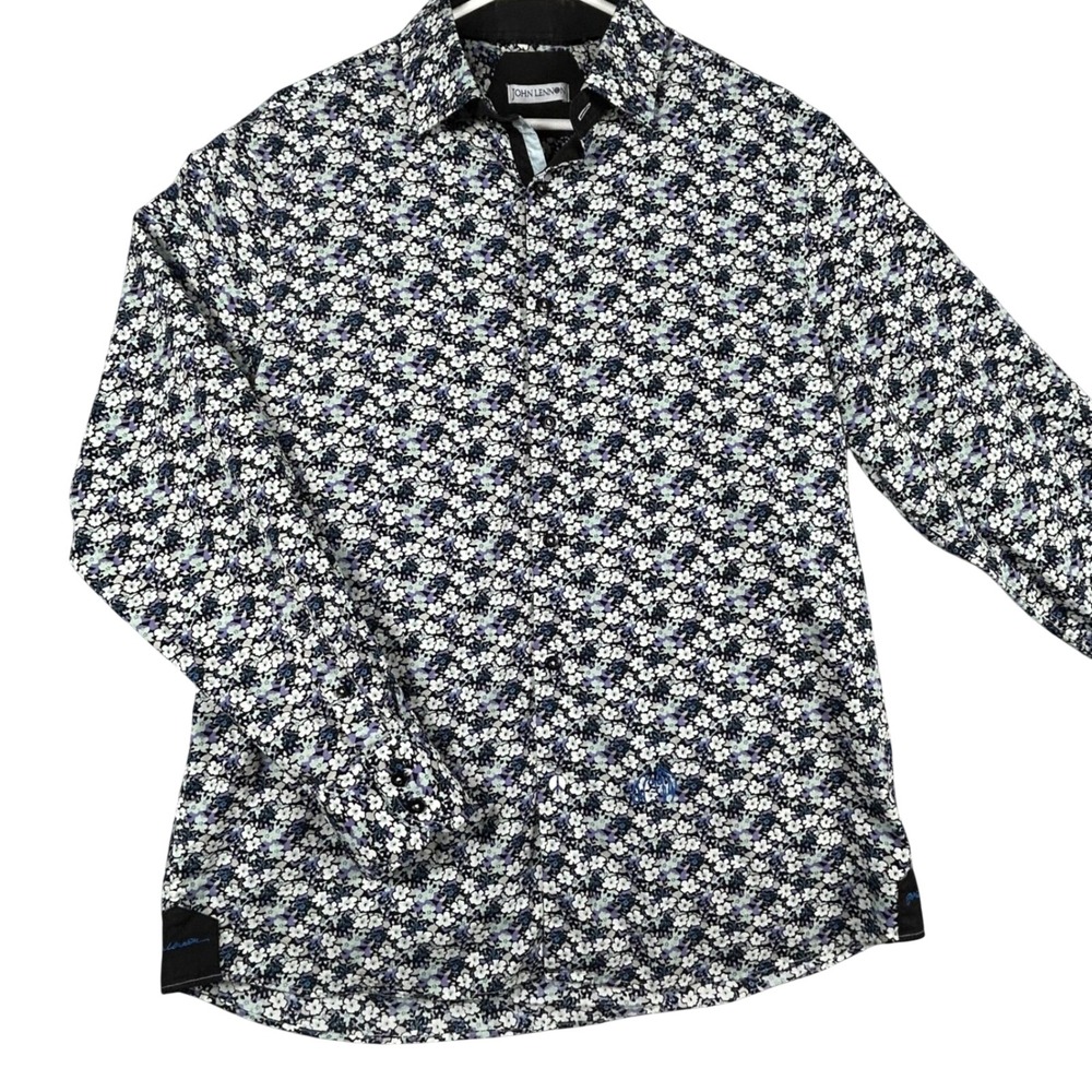 John Lennon‎ Mens Floral Print Long Sleeve Button Down Shirt XL Peace Symbol